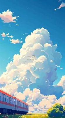 蓝天白云交通高铁铁路火车,草坪鲜花彩色插画 蓝天白云交通高铁铁路火车,草坪鲜花彩色插画