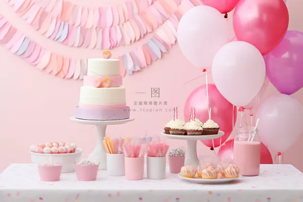 生日蛋糕派对气球粉色庆祝生日摄影图