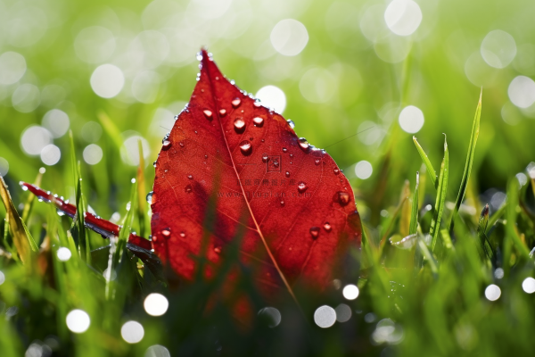 秋天草地上掉落的红叶露水水珠摄影图