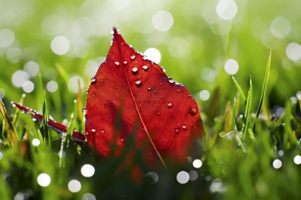 秋天草地上掉落的红叶露水水珠摄影图