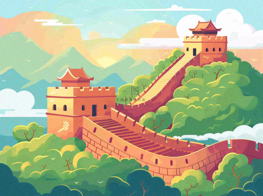 万里长城中国山河国潮插画北京旅游景点八一建军节红色文化卡通插画背景