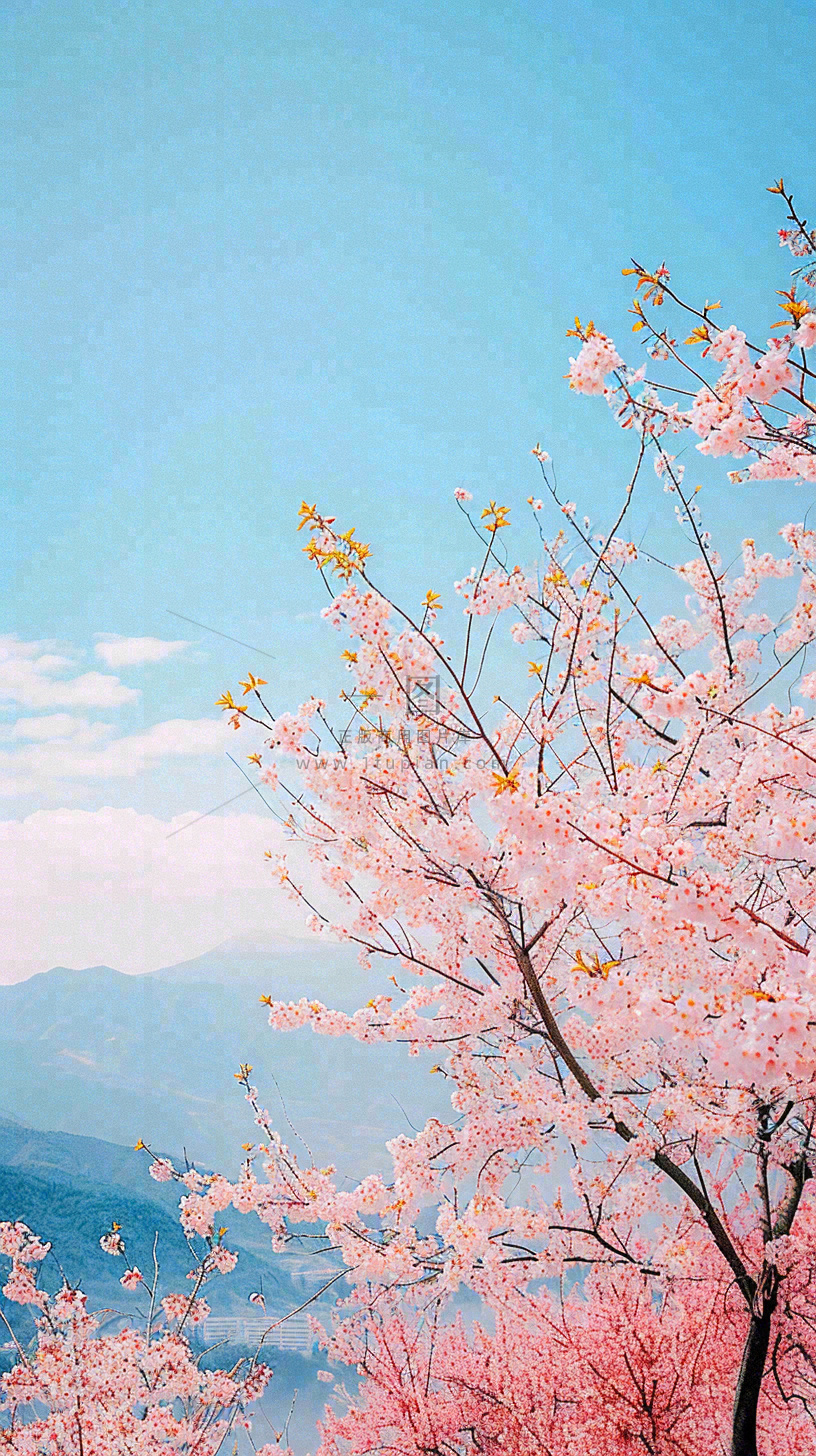 春天山河边蓝天粉色樱花花朵,惊蛰立春