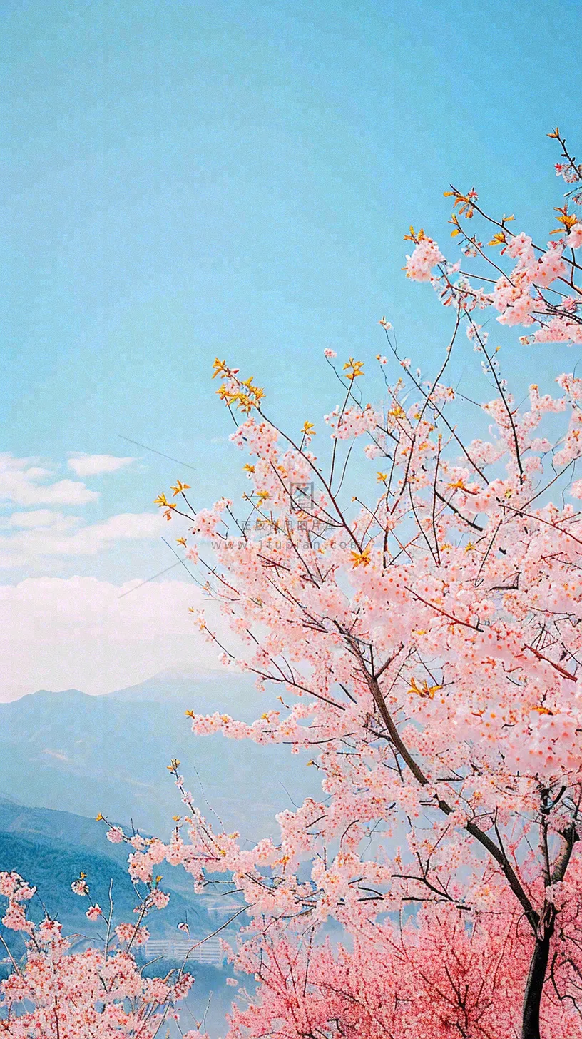 春天山河边蓝天粉色樱花花朵，惊蛰立春
