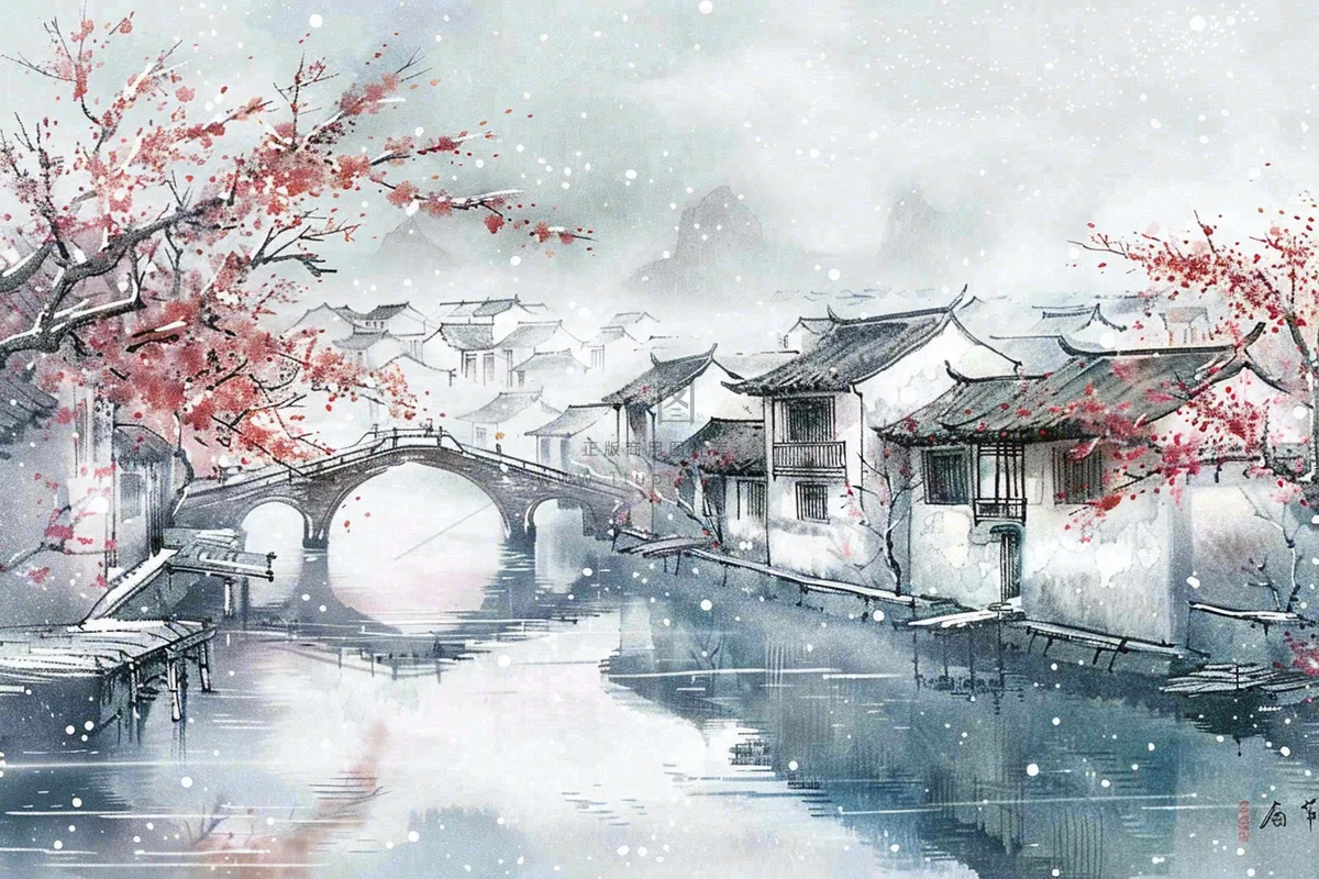 中国水墨画江南水乡梅花古风冬天大雪纷飞小雪大雪冬至插画背景