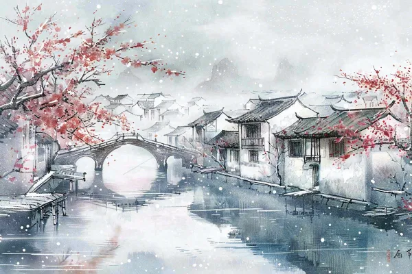 中国水墨画江南水乡梅花古风冬天大雪纷飞小雪大雪冬至插画背景 中国水墨画江南水乡梅花古风冬天大雪纷飞小雪大雪冬至插画背景