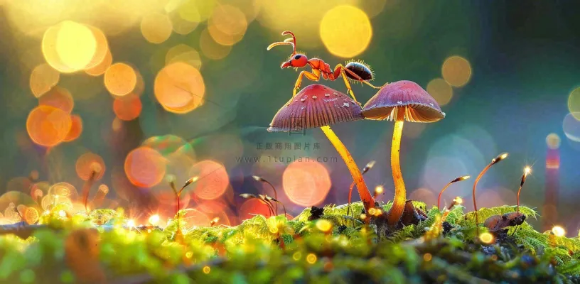 阳光下的蚂蚁蘑菇菌类阳光春天惊蛰春分摄影图