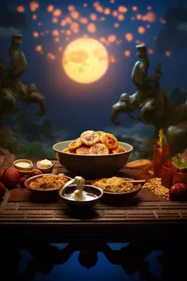 中秋月圆夜晚下餐桌上的美食月饼摄影图