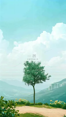 蓝天白云草地树木建筑，春天