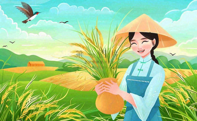 世界粮食日芒种秋收稻田麦子农民天空小满创意手绘卡通插画背景