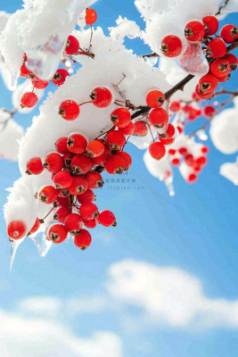 冬天蓝天背景红色果实白雪覆盖小清新立冬小寒大寒冬至摄影图 冬天蓝天背景红色果实白雪覆盖小清新立冬小寒大寒冬至摄影图