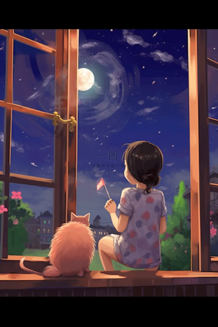夜晚坐着窗边赏月的女孩猫插画背景