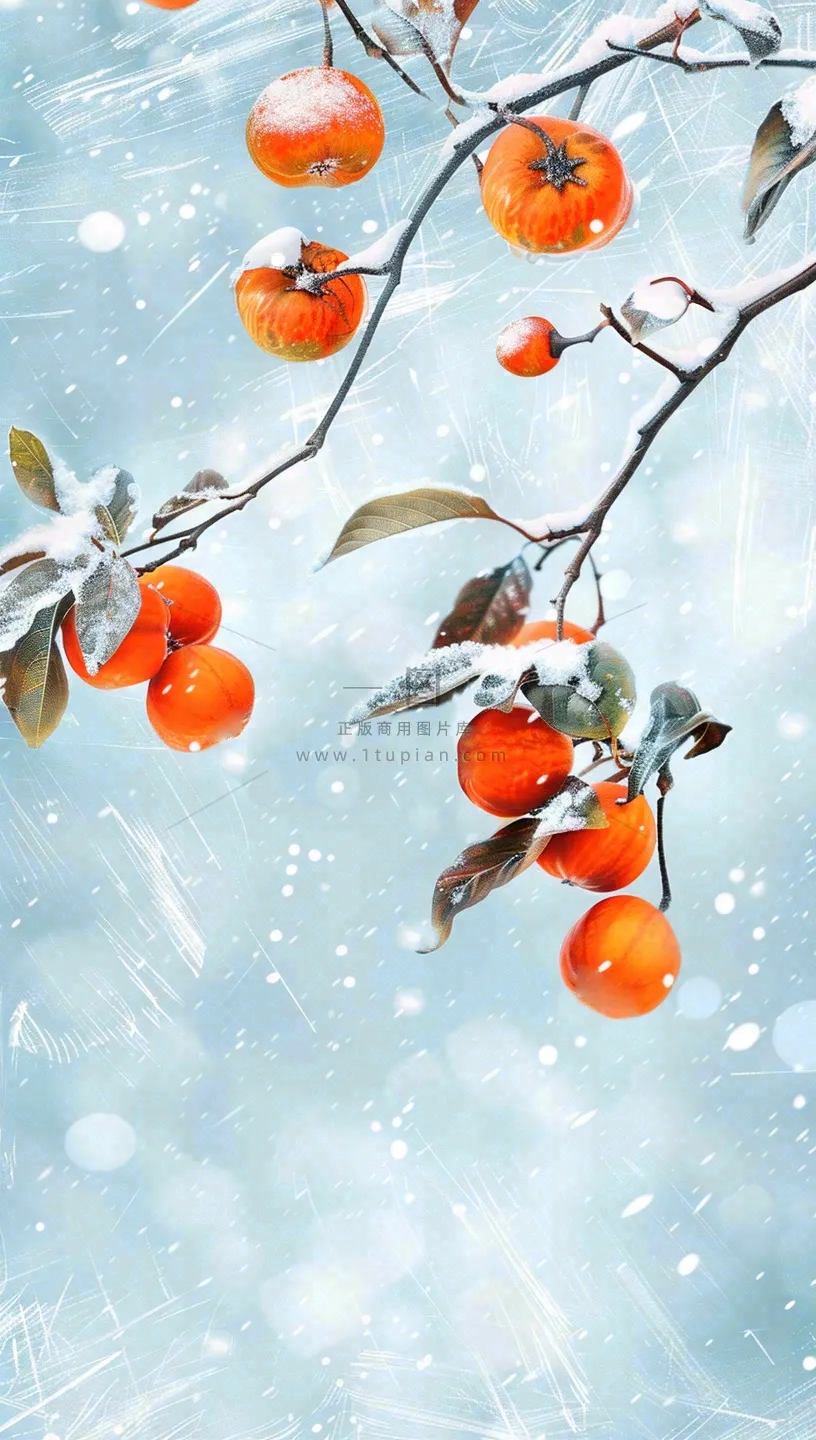 冬天风雪里的柿子树霜降插画背景