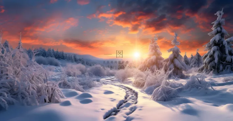 茫茫的雪原日落夕阳普照摄影图