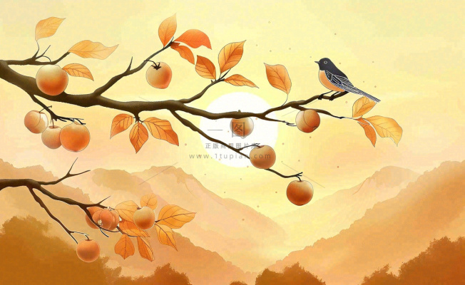 秋天柿子树枝条的小鸟夕阳西下日出金秋秋分立秋重阳插画背景