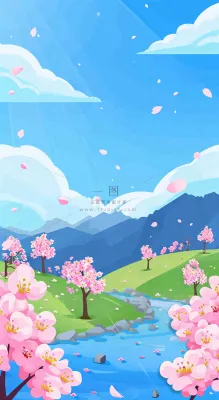 春天浪漫粉色樱花山脉河流蓝天白云清新手绘扁平插画,立春惊蛰 春天浪漫粉色樱花山脉河流蓝天白云清新手绘扁平插画,立春惊蛰