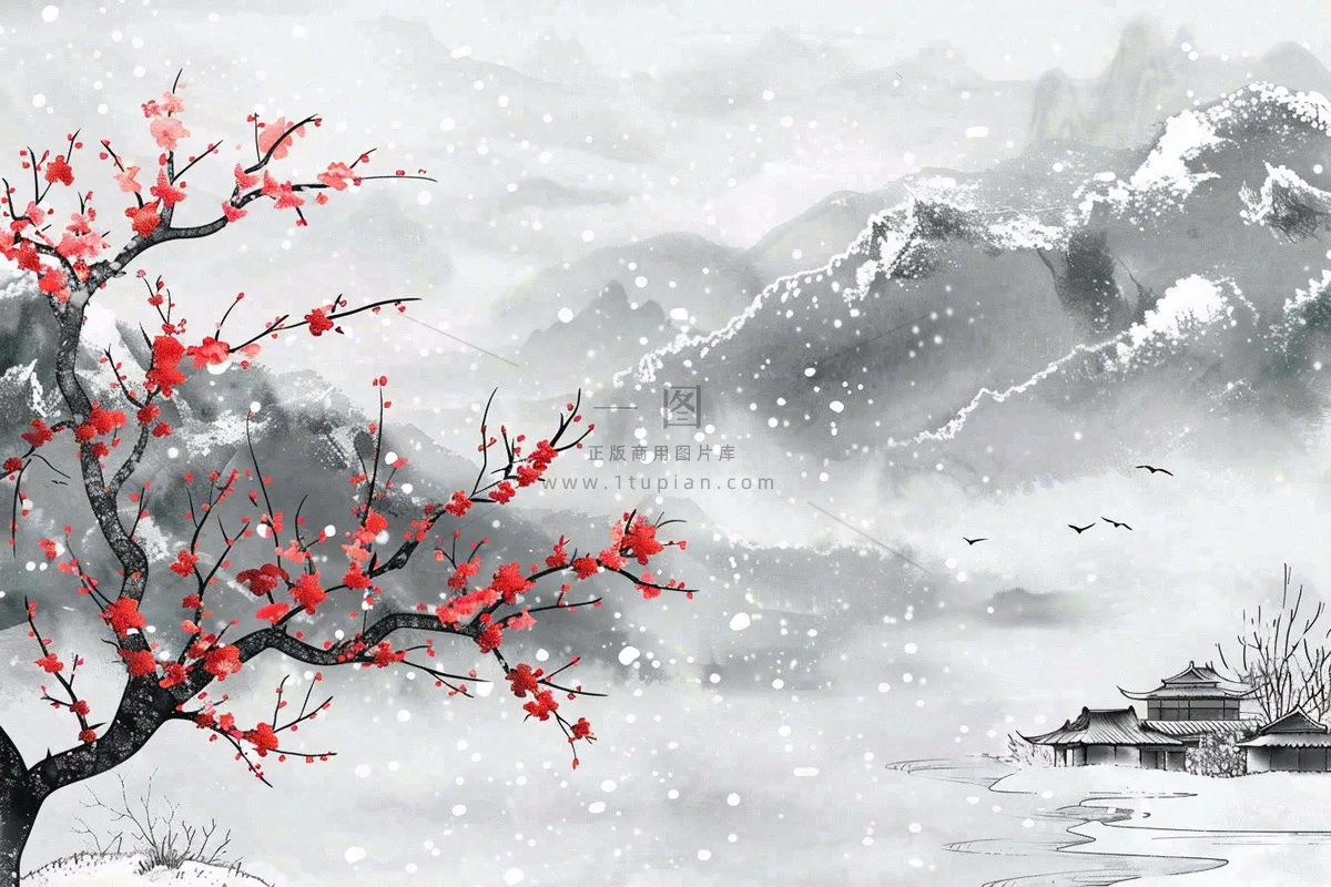 冬天山林里的小村庄红梅花白雪覆盖国风水墨画立冬冬至小雪大雪插画