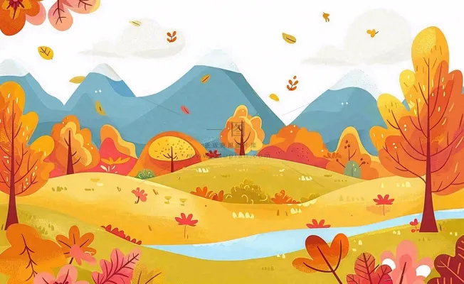 秋天金黄的森林山坡树木落叶蓝天白云立秋秋分处暑卡通插画背景 秋天金黄的森林山坡树木落叶蓝天白云立秋秋分处暑卡通插画背景