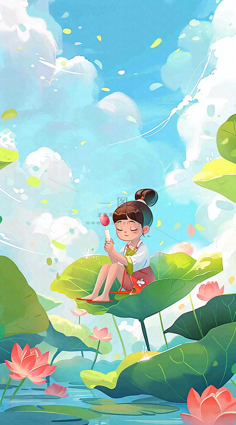 夏日荷花荷叶上的女孩古风人物插画蓝天白云立夏夏至插画背景