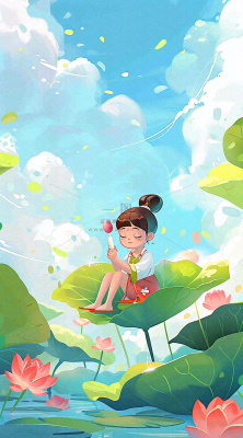 夏日荷花荷叶上的女孩古风人物插画蓝天白云立夏夏至插画背景 夏日荷花荷叶上的女孩古风人物插画蓝天白云立夏夏至插画背景