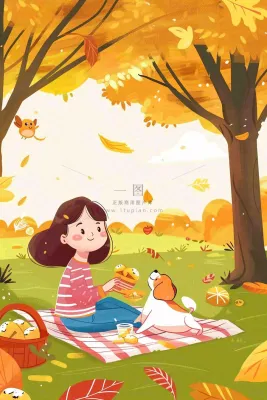 秋天野外露营野餐女孩小狗落叶黄大地立秋秋分插画背景 秋天野外露营野餐女孩小狗落叶黄大地立秋秋分插画背景