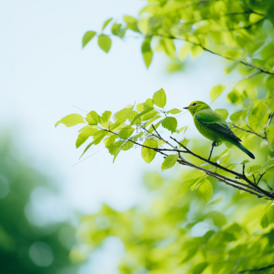 春天大树抽新芽绿叶树枝站绿色小鸟摄影图