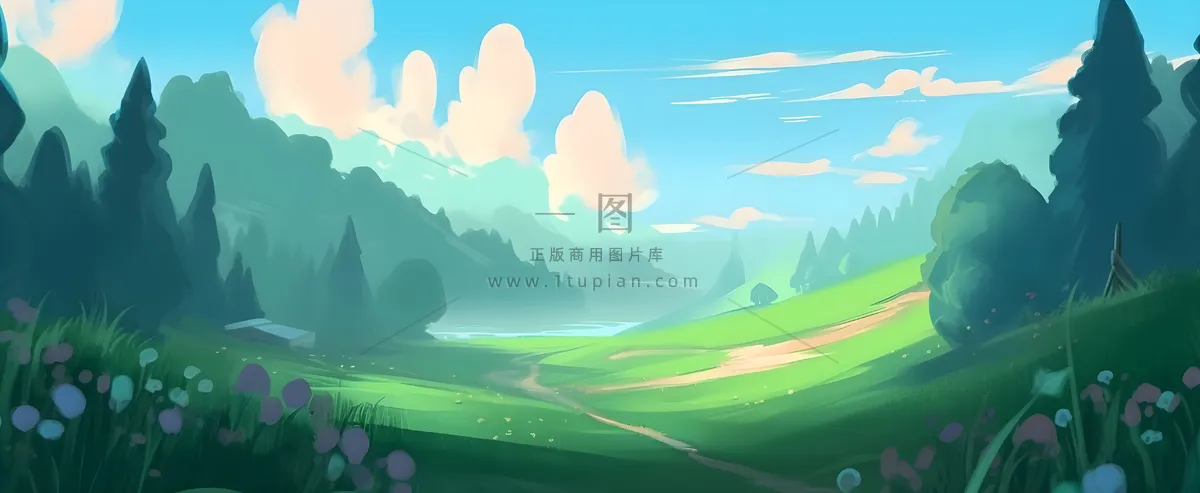 春天蓝天白云草原绿色树草地手绘插画海报素材背景