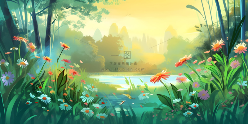春天夕阳花丛草丛森林手绘插画海报素材背景
