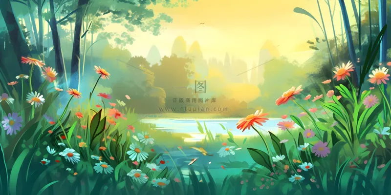 春天夕阳花丛草丛森林手绘插画海报素材背景