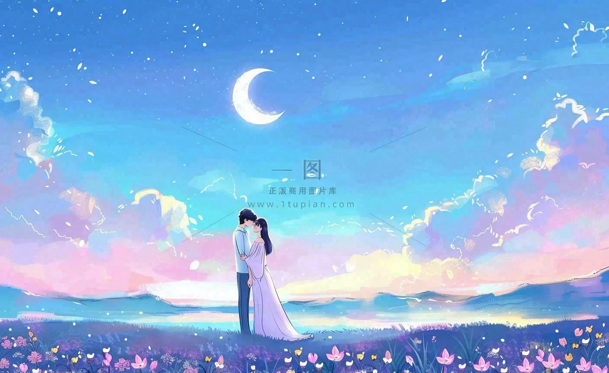 浪漫夜晚月光下花丛里的恋人情侣相拥梦幻场景七夕情人节卡通插画背景