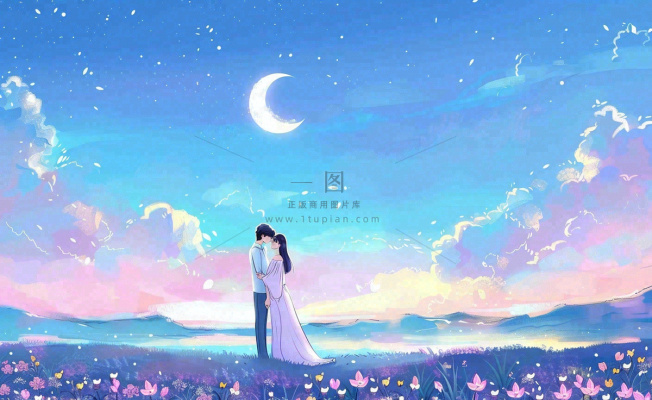 浪漫夜晚月光下花丛里的恋人情侣相拥梦幻场景七夕情人节卡通插画背景