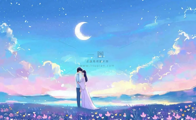 浪漫夜晚月光下花丛里的恋人情侣相拥梦幻场景七夕情人节卡通插画背景