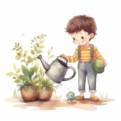春夏小男孩在给绿植植物浇水插画海报素材背景