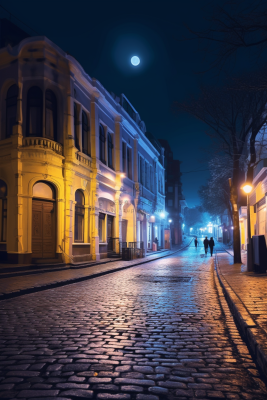 夜晚街区街道路灯月亮摄影图