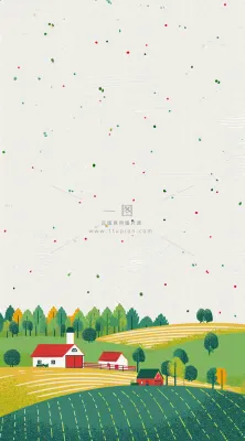 清新山脉草坪点线面扁平屋子树木手绘插画 清新山脉草坪点线面扁平屋子树木手绘插画