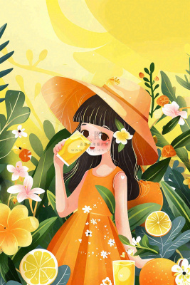 夏天喝橙汁的女孩橘黄色度假风鲜花花丛清凉解暑立夏大暑小暑夏至卡通插画背景 夏天喝橙汁的女孩橘黄色度假风鲜花花丛清凉解暑立夏大暑小暑夏至卡通插画背景