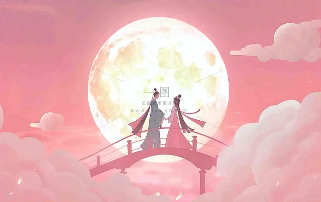 七夕牛郎织女鹊桥相会情侣恋人粉色浪漫梦幻唯美情人节插画背景