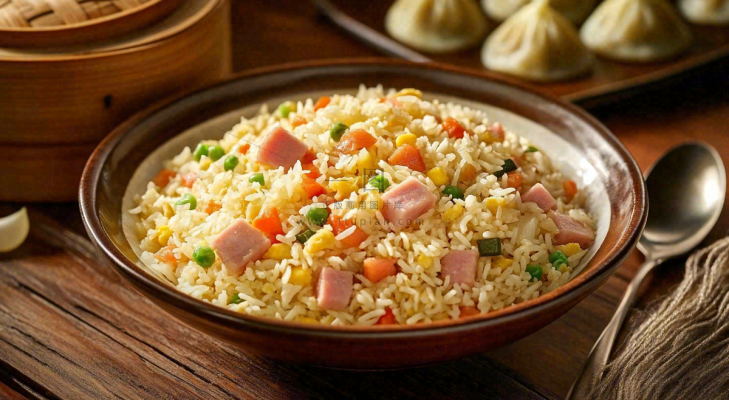 火腿肉丁炒饭鸡蛋美食主食摄影图