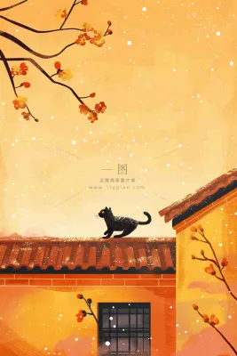 屋檐上的猫咪屋墙萧瑟霜降插画背景 屋檐上的猫咪屋墙萧瑟霜降插画背景