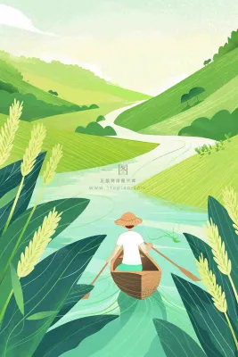春天小麦田里的河流女孩坐船小麦麦穗小满芒种惊蛰卡通插画背景 春天小麦田里的河流女孩坐船小麦麦穗小满芒种惊蛰卡通插画背景