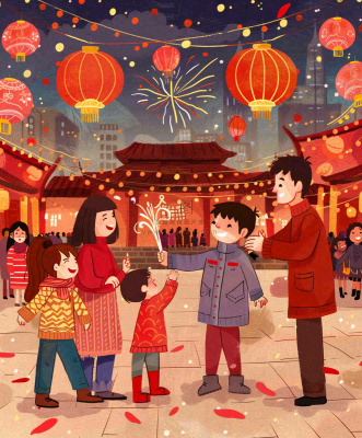 新年一家人游玩张灯结彩热闹喜庆放烟花街道小年除夕春节卡通插画背景 新年一家人游玩张灯结彩热闹喜庆放烟花街道小年除夕春节卡通插画背景