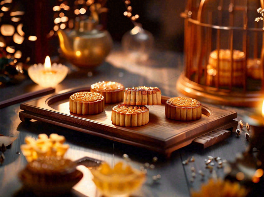 月饼中秋美食蜡烛节日氛围装饰摄影图