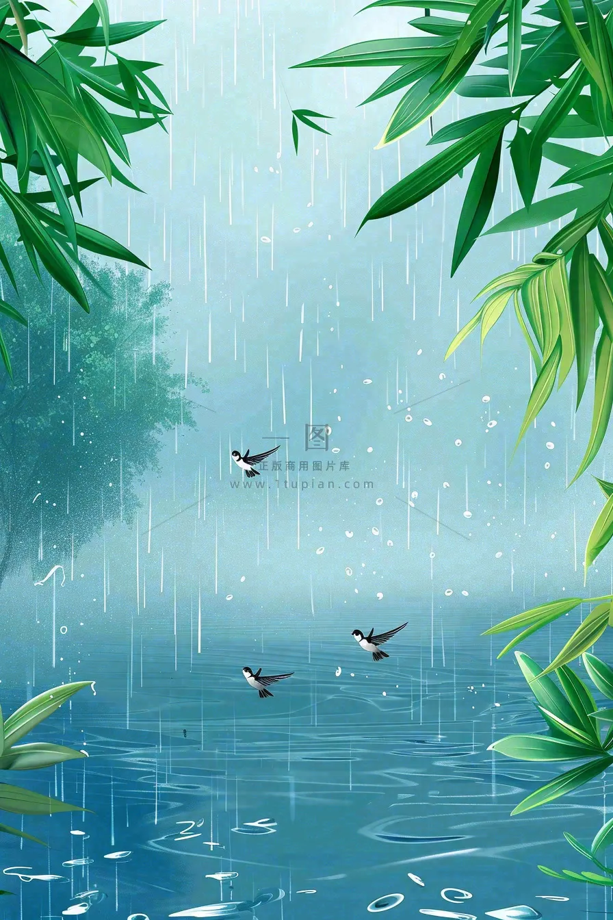 春天大雨磅礴绿叶植物燕子雨滴敲打水面雨水谷雨卡通插画背景