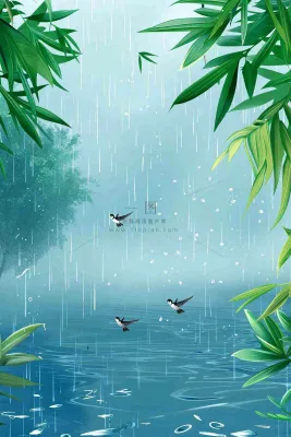 春天大雨磅礴绿叶植物燕子雨滴敲打水面雨水谷雨卡通插画背景 春天大雨磅礴绿叶植物燕子雨滴敲打水面雨水谷雨卡通插画背景