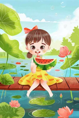 夏天荷花湖木桥上吃西瓜的女孩清凉立夏夏至大暑小暑卡通插画背景 夏天荷花湖木桥上吃西瓜的女孩清凉立夏夏至大暑小暑卡通插画背景