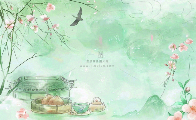 春天桃花春茶茶壶燕子清明山水国画中国风水墨插画背景茶文化采茶