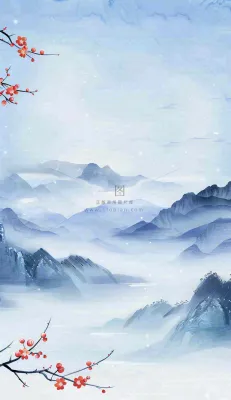 中国风山水秋冬柿子树霜降插画背景 中国风山水秋冬柿子树霜降插画背景