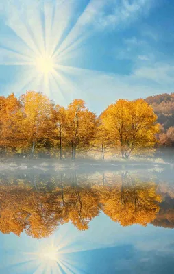 秋天蓝天阳光秋叶树木湖面水中倒影，秋分寒露摄影图