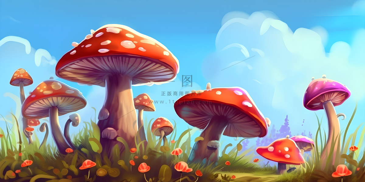春天草丛蘑菇森林手绘插画海报素材背景