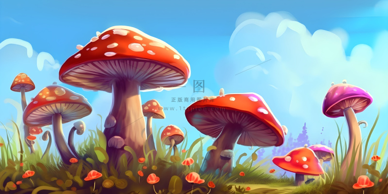 春天草丛蘑菇森林手绘插画海报素材背景 春天草丛蘑菇森林手绘插画海报素材背景