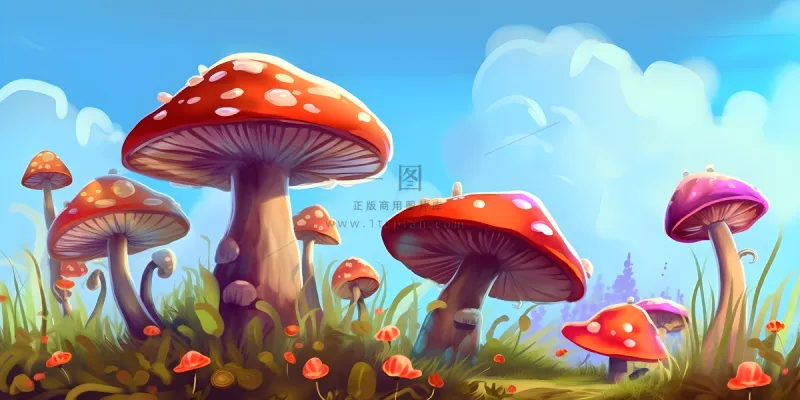 春天草丛蘑菇森林手绘插画海报素材背景 春天草丛蘑菇森林手绘插画海报素材背景